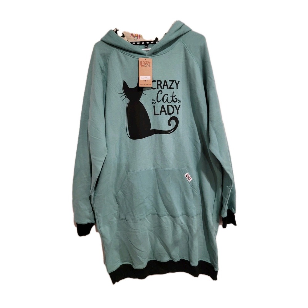 Lazy One Crazy Cat Lady Sleep Hoodie Nightgown Women's L/XL Blue Cat Print NWT‎